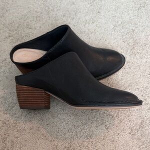 Clarks Black Leather Mules with Brown Heel